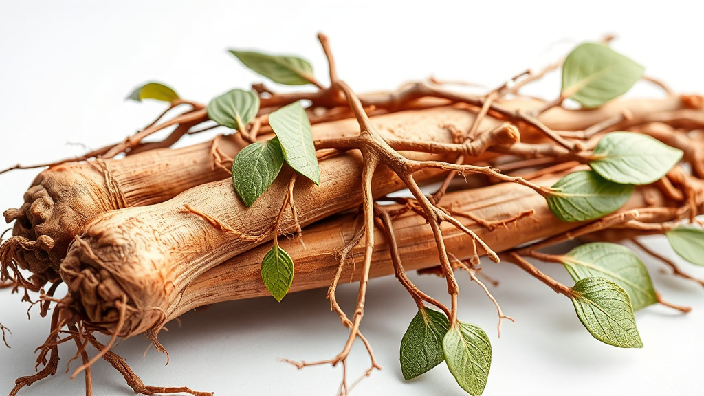 Radici fresche di Panax ginseng accanto a capsule di integratori titolati in ginsenosidi per l'energia.